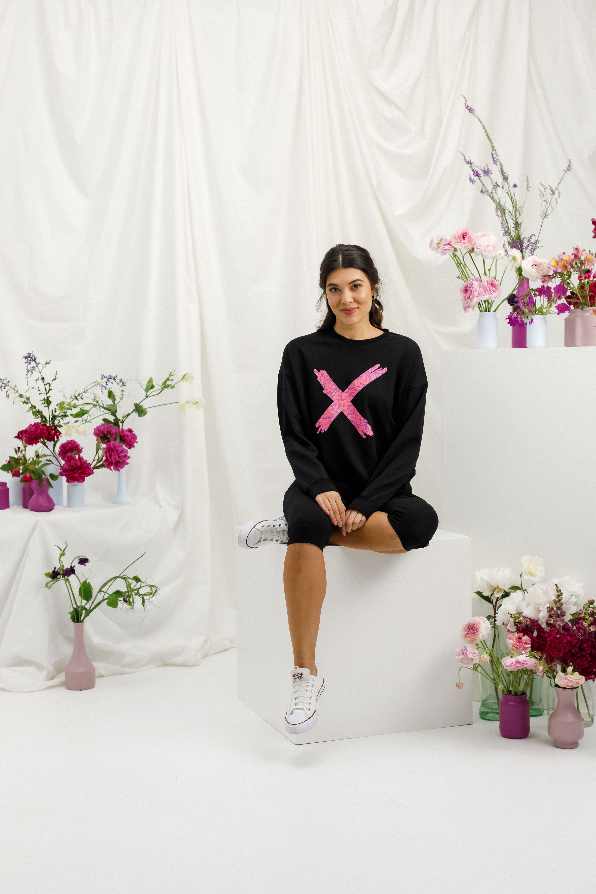Kayla Crew - Black with Sunset Floral X