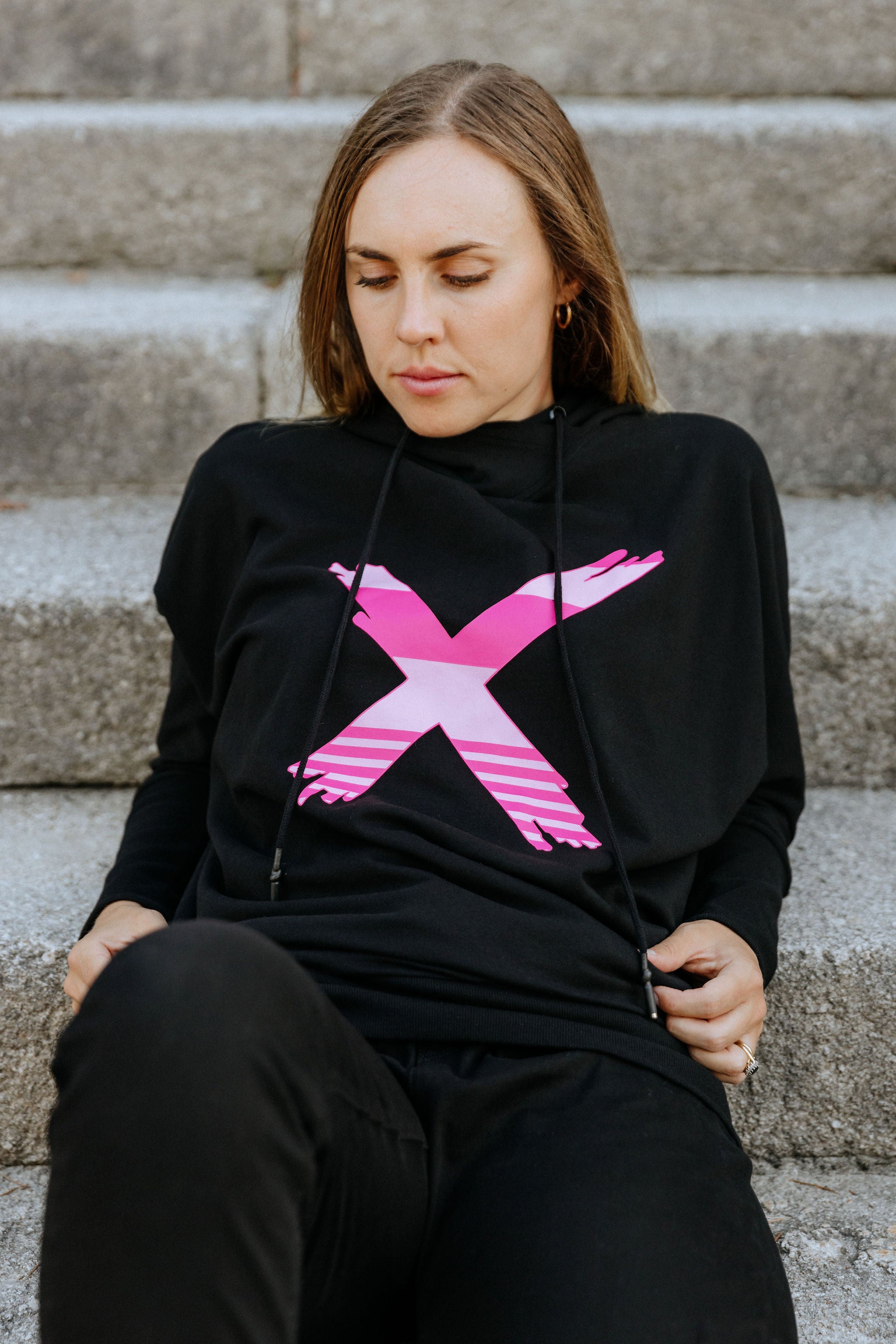 Ellen Hoodie - Black with Irregular Pink Stripe X