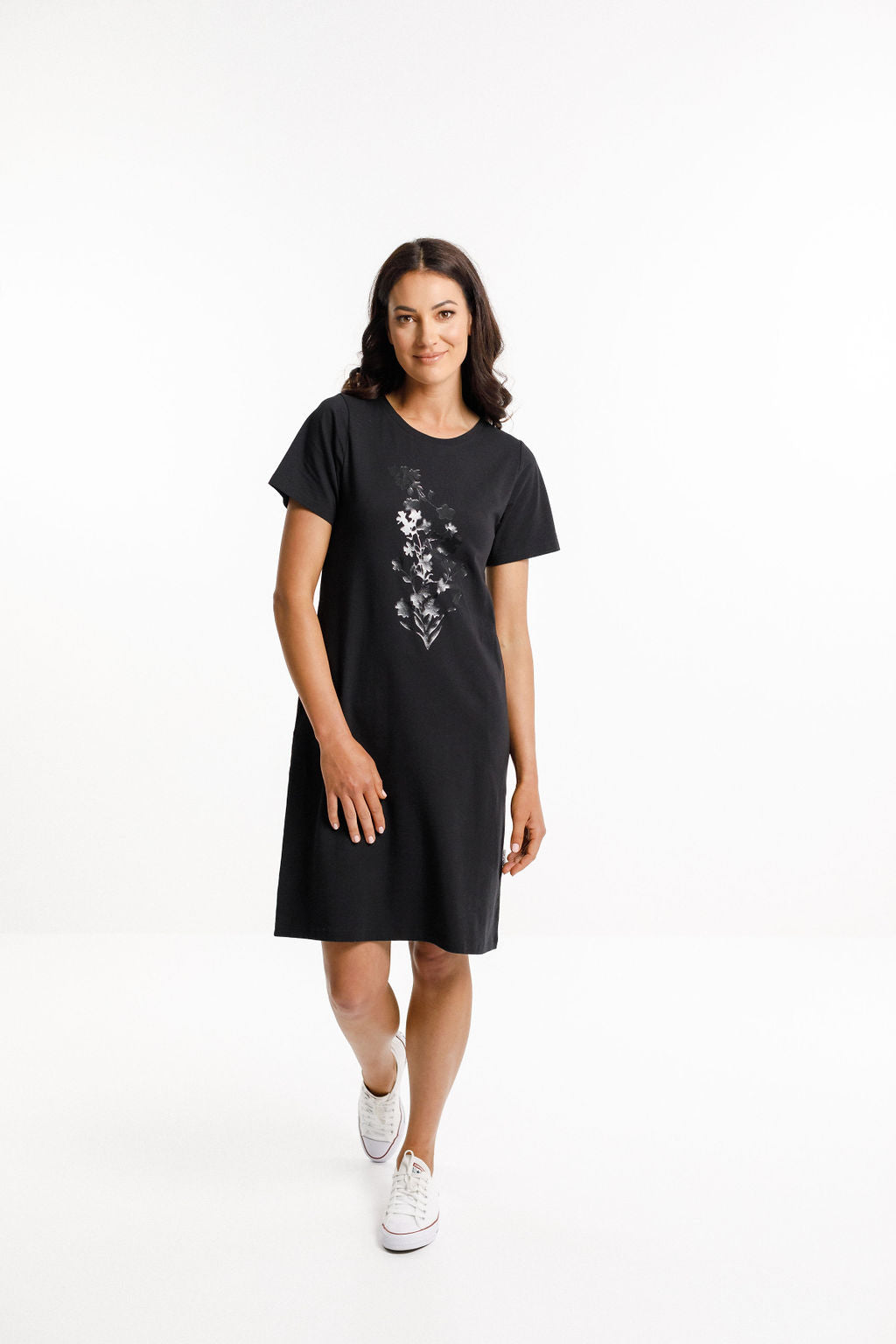 Taylor Tee Dress - Black with Tonal Bouquet Print