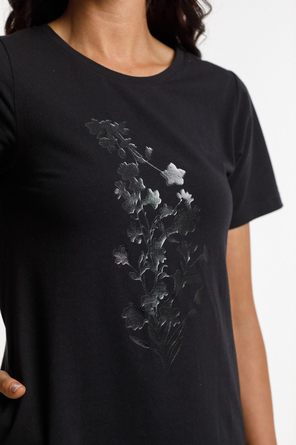Taylor Tee Dress - Black with Tonal Bouquet Print