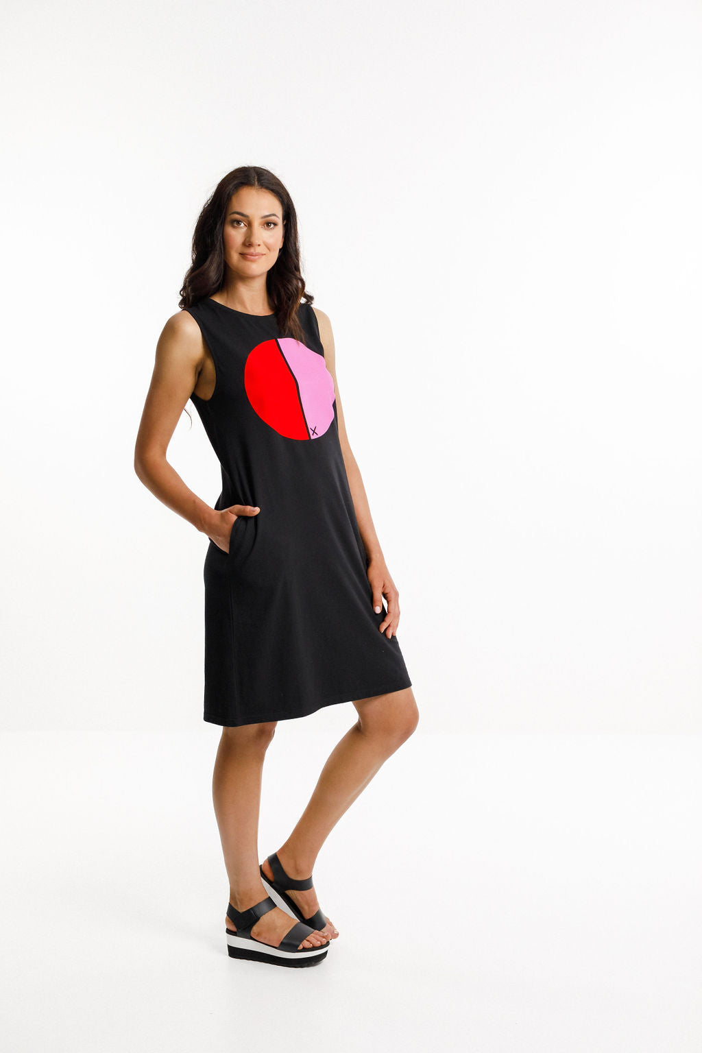 Taylor Singlet Dress - Black with Red Flocking/Lollipop Pink Cut Circle
