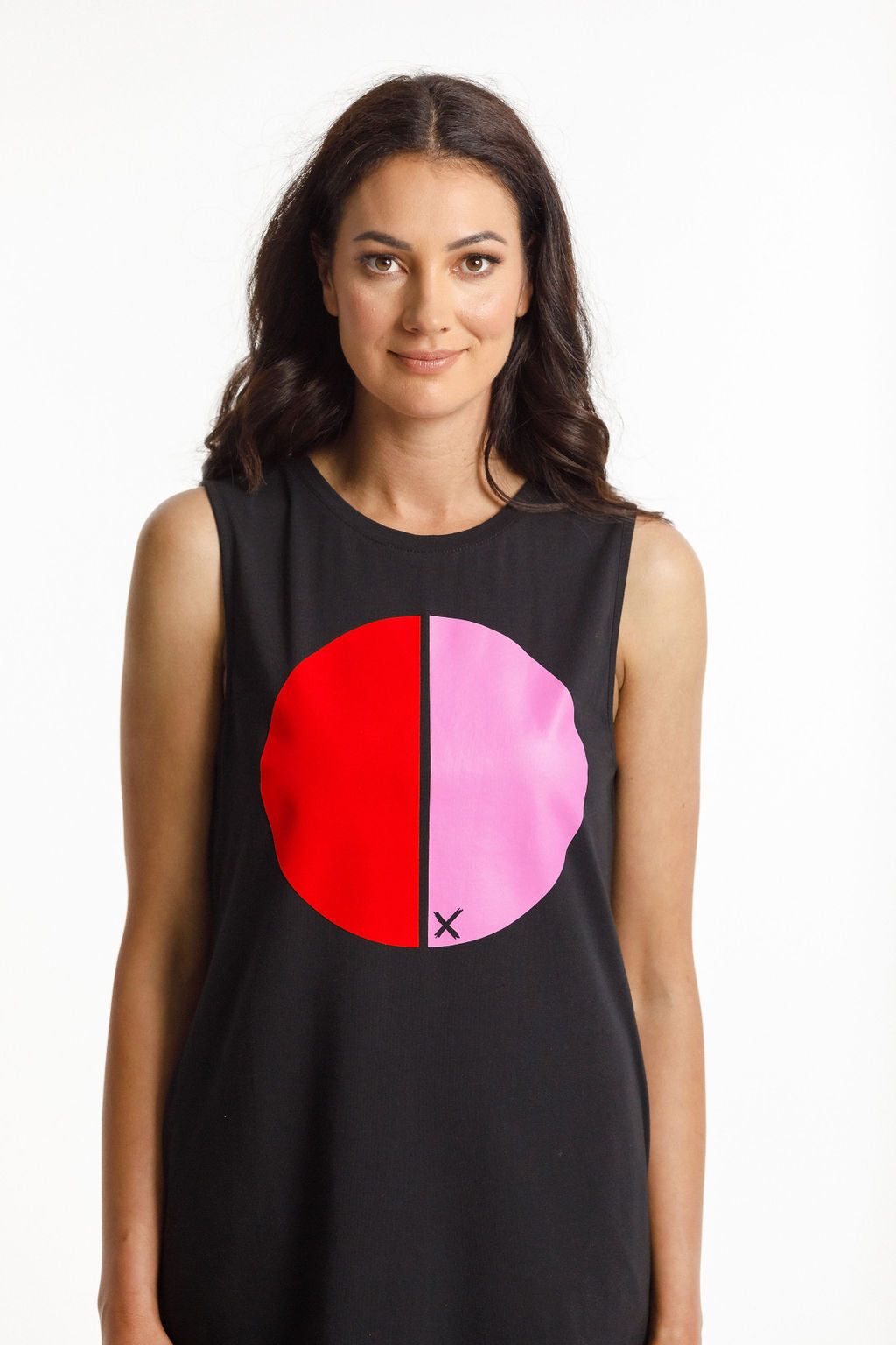 Taylor Singlet Dress - Black with Red Flocking/Lollipop Pink Cut Circle