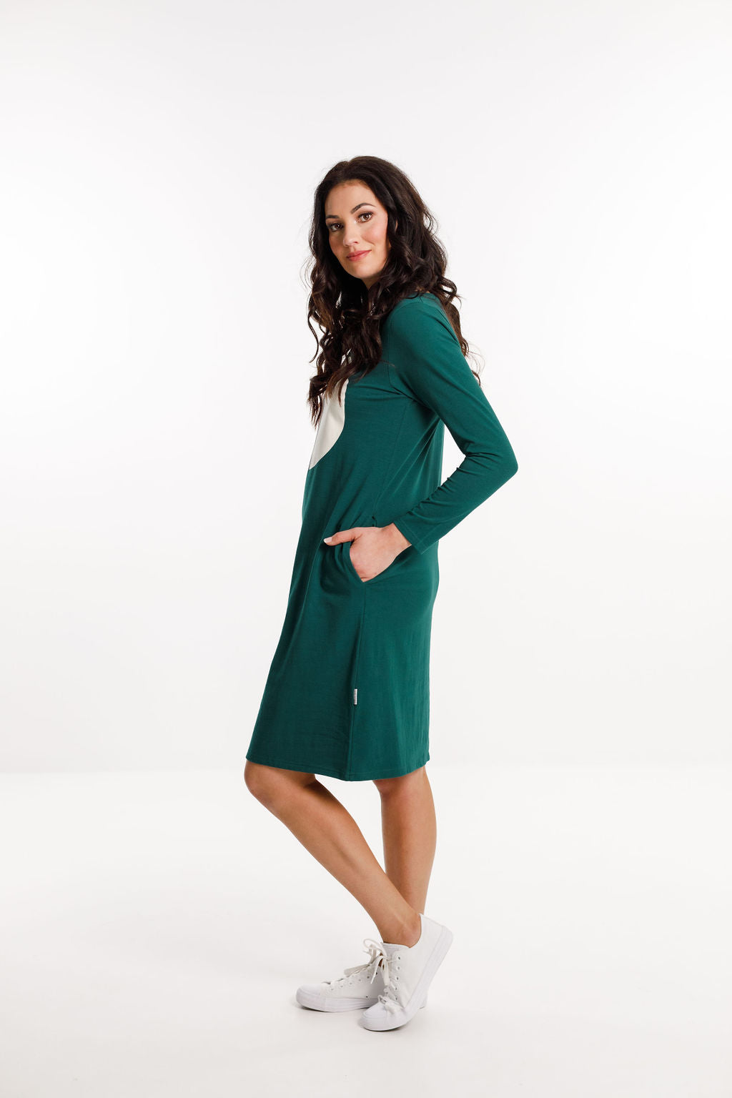 Long Sleeve Taylor Dress - Emerald Green with Cut Circle Print
