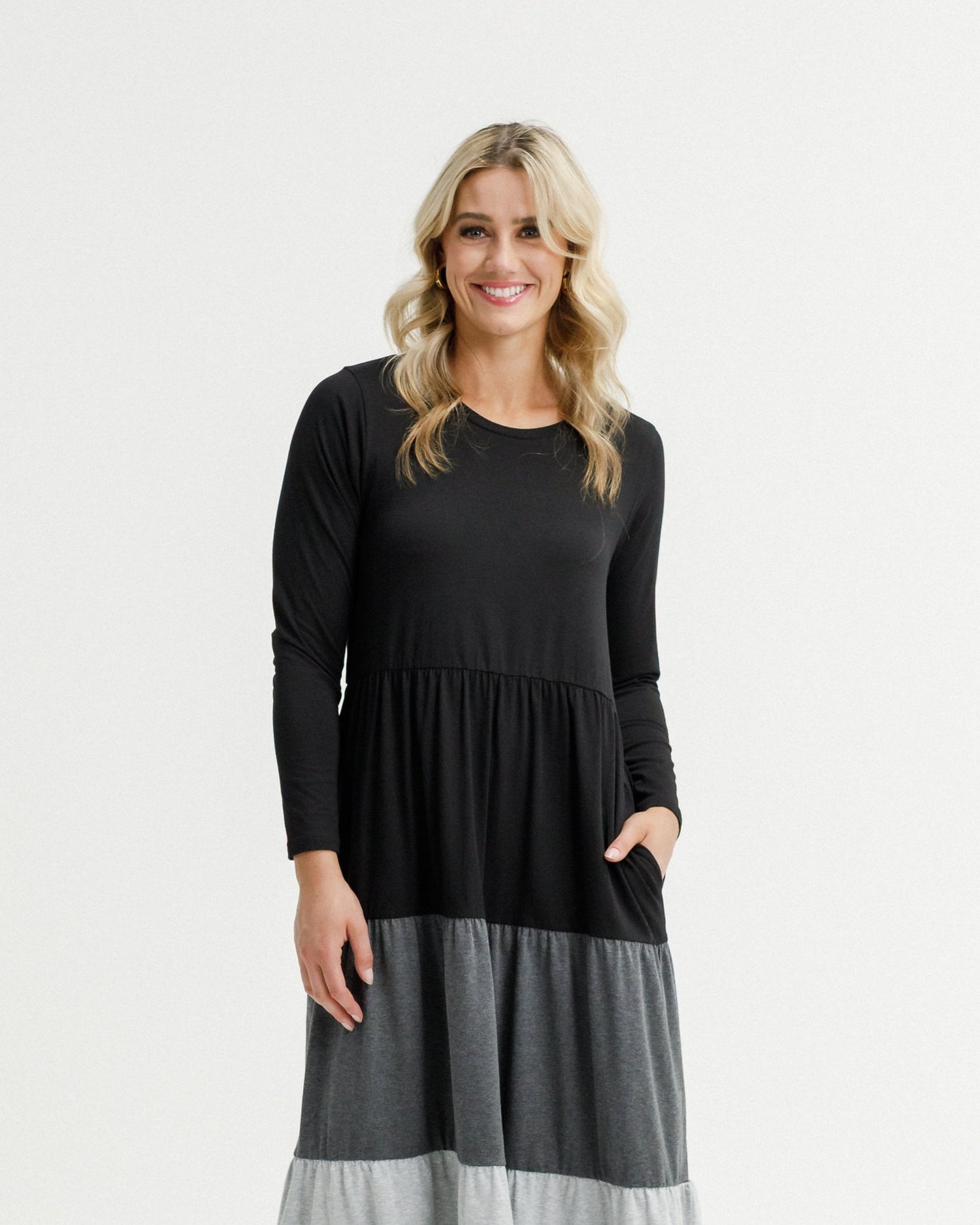 Long Sleeve Kendall Dress - Black/Charcoal/Grey