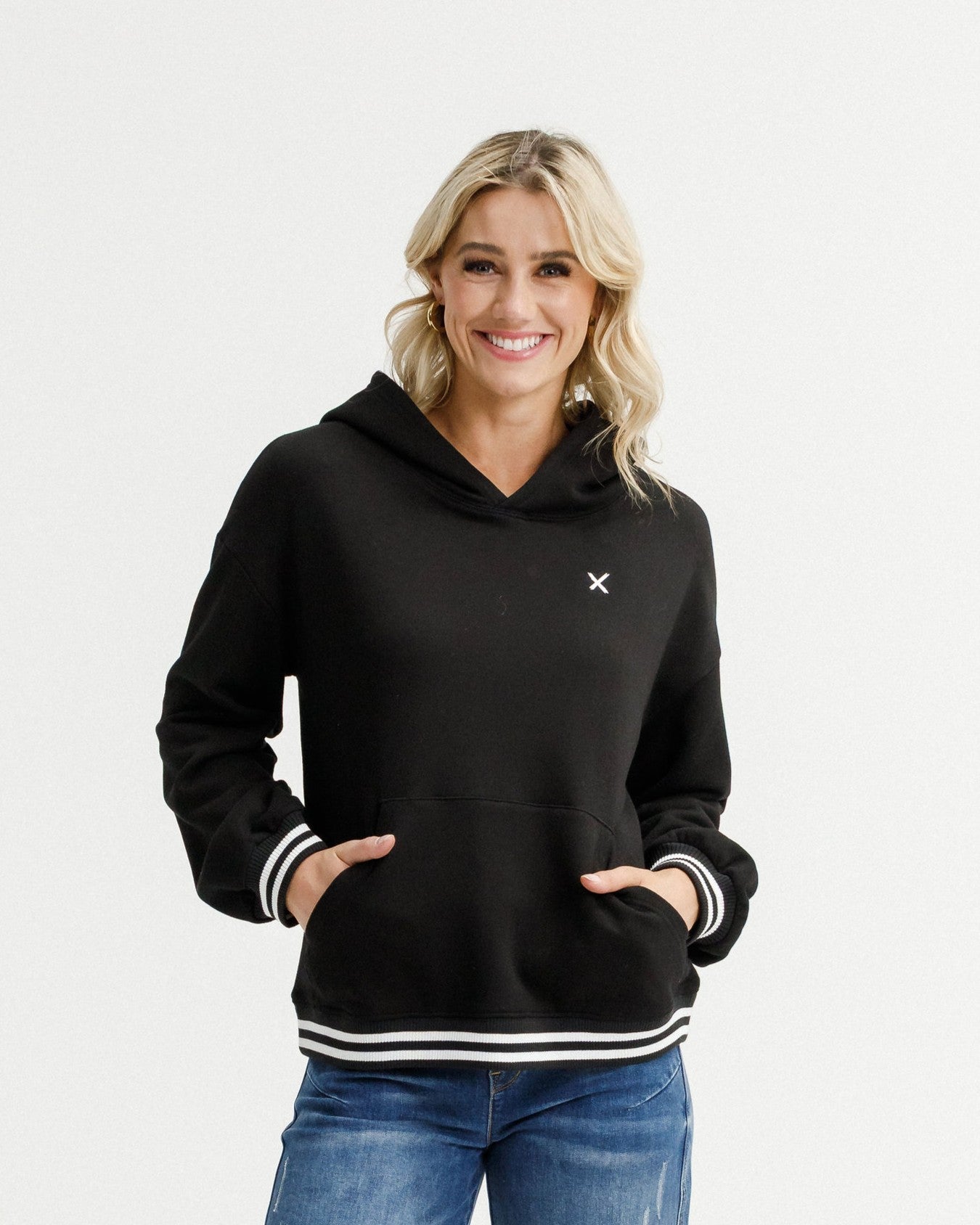 Elliot Hoodie - Alpine Weight - Black with Silver X and Stripe Cuffs