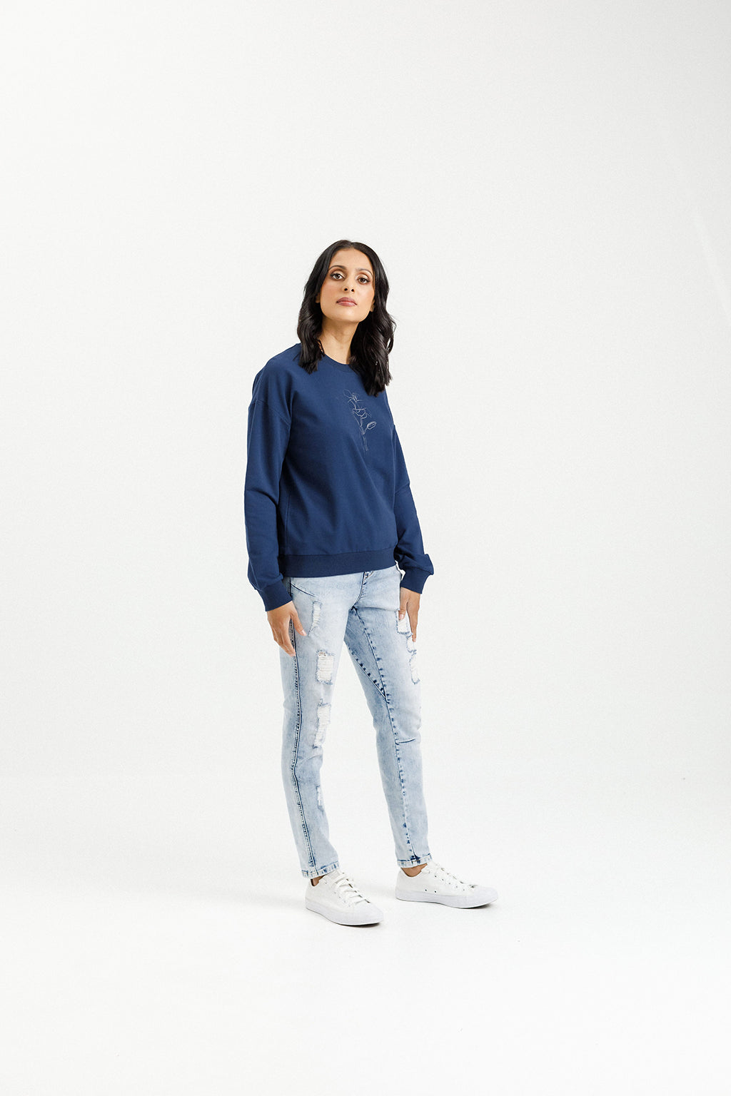 Camilla Crew - Indigo Blue with Tonal Floral Print
