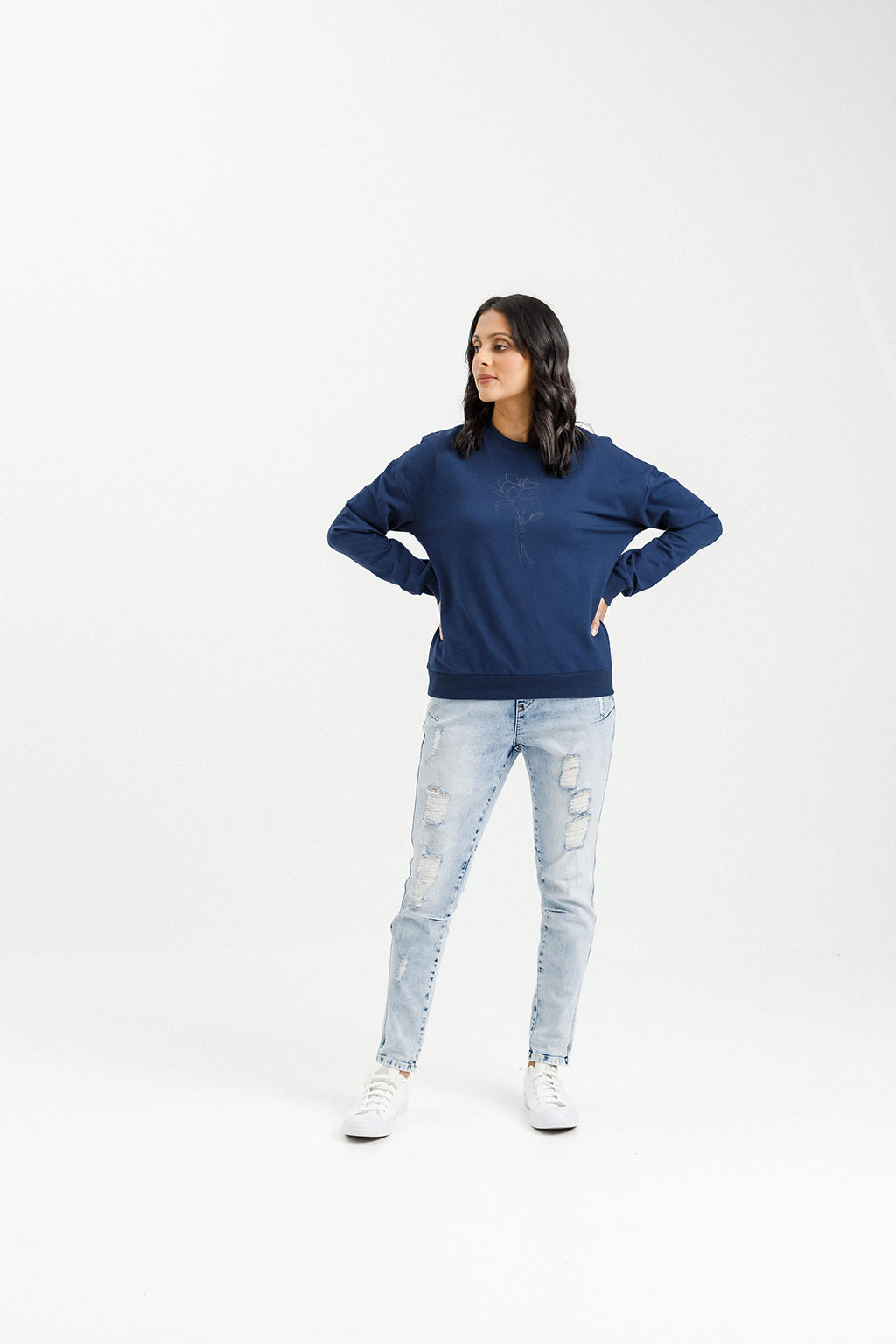 Camilla Crew - Indigo Blue with Tonal Floral Print