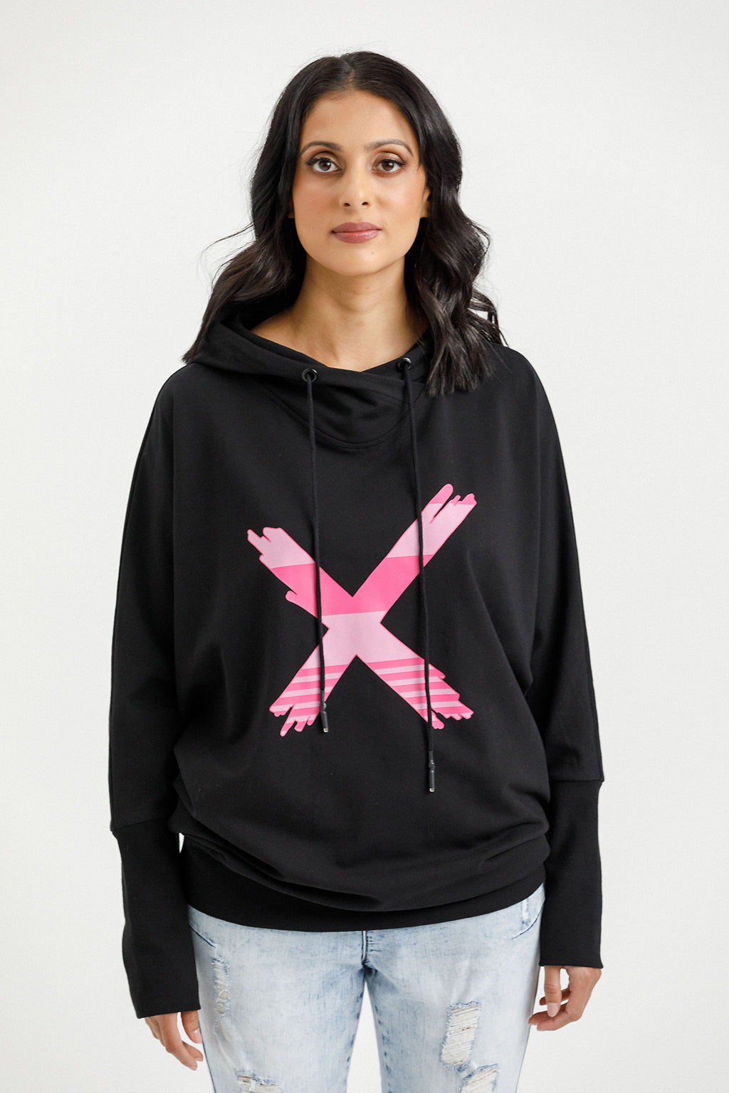Ellen Hoodie - Black with Irregular Pink Stripe X