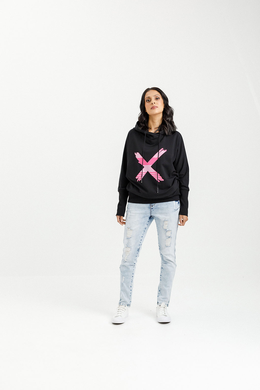 Ellen Hoodie - Black with Irregular Pink Stripe X