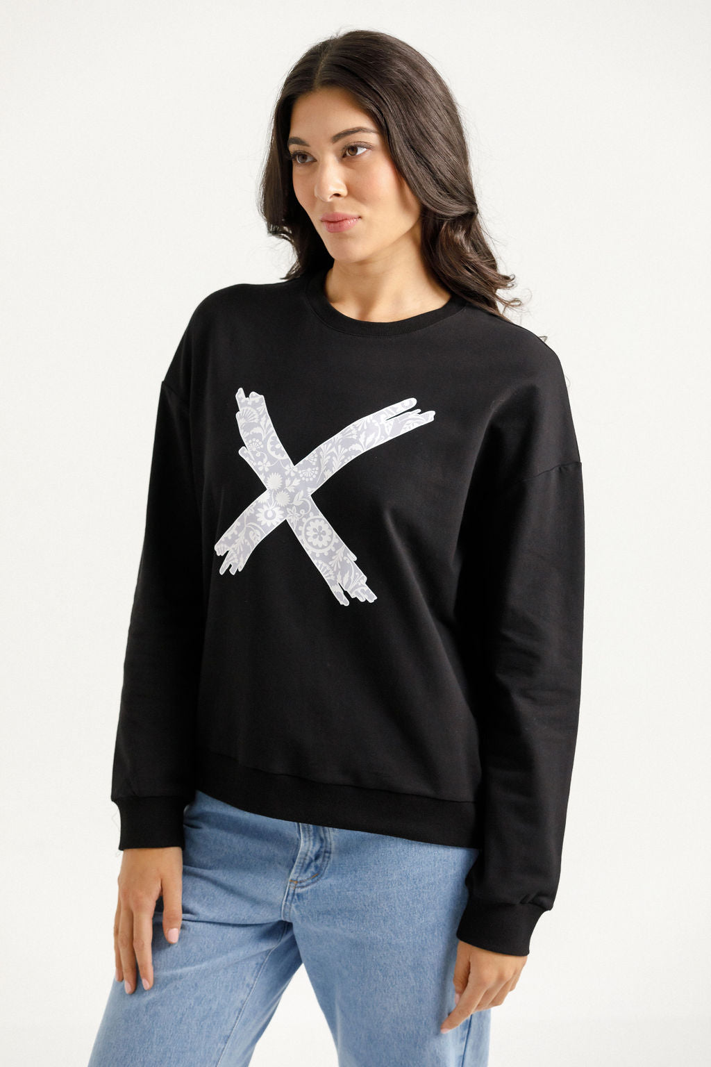 Kayla Crew - Black with Lilac Damask X