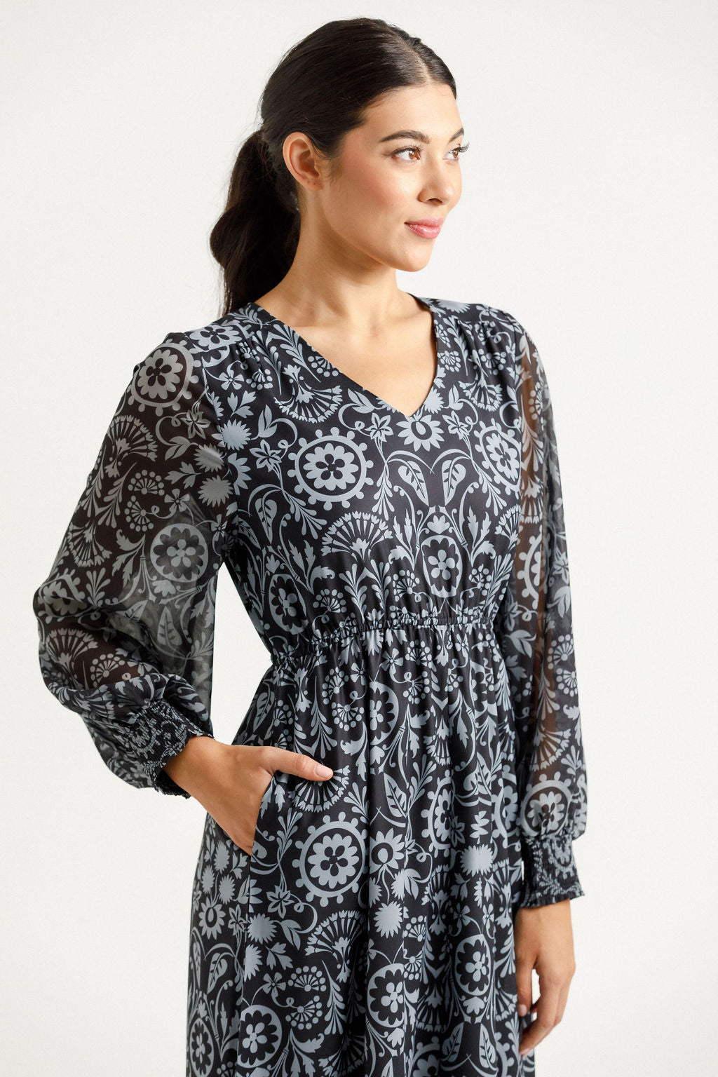 Long Sleeve Greta Dress - Damask