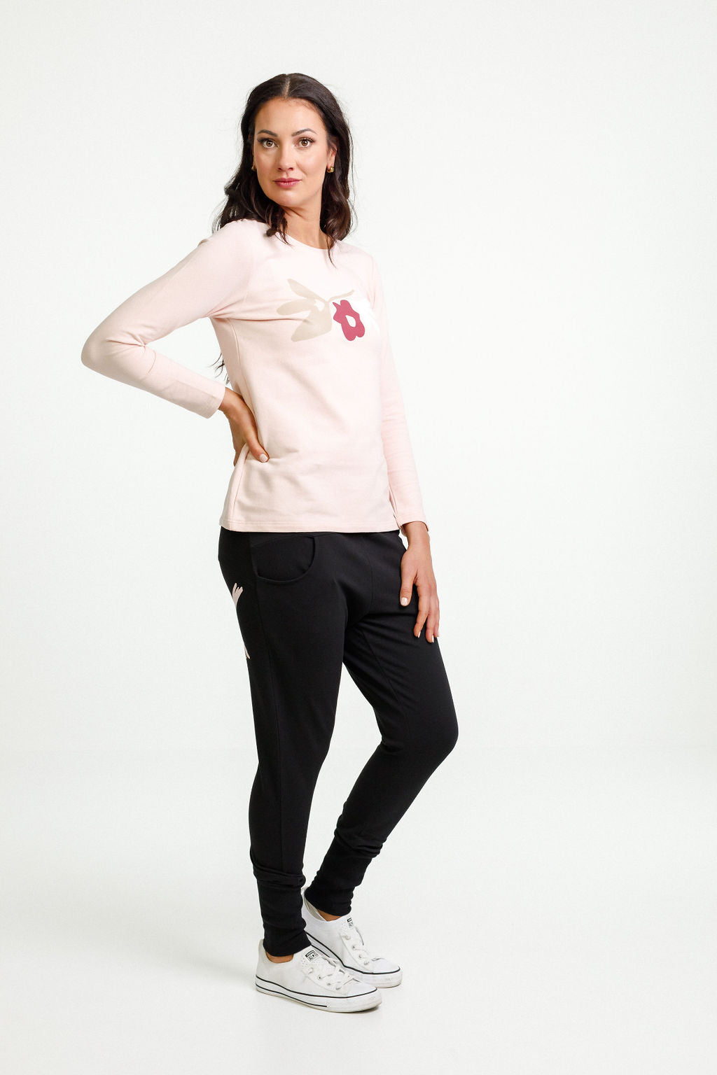 Long Sleeve Taylor Tee - Winter Weight - Peach with Meta Floral Bouquet Print