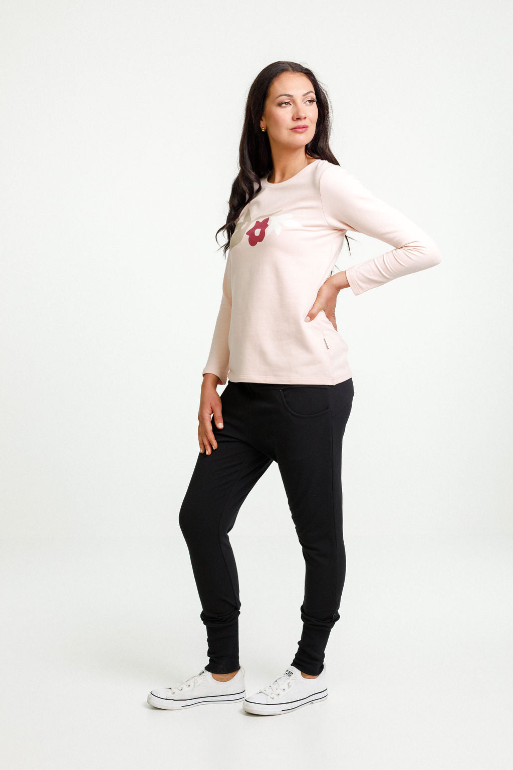 Long Sleeve Taylor Tee - Winter Weight - Peach with Meta Floral Bouquet Print