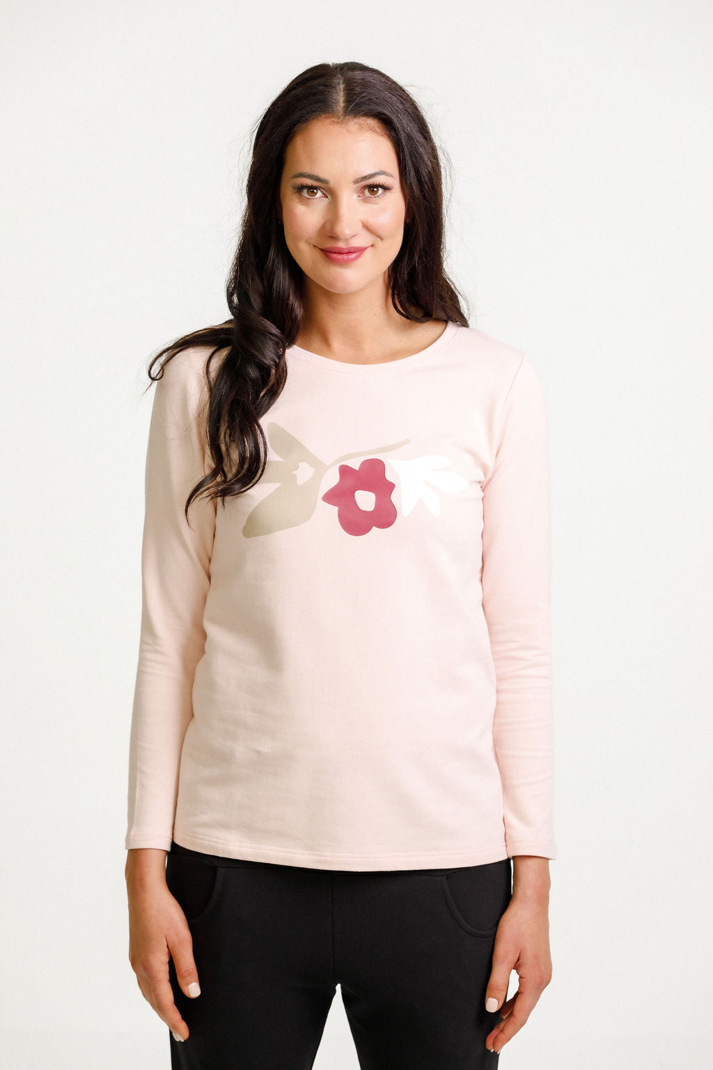 Long Sleeve Taylor Tee - Winter Weight - Peach with Meta Floral Bouquet Print