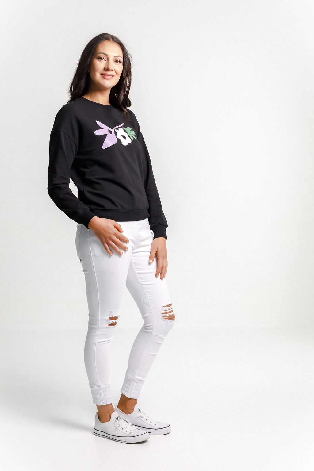 Camilla Crew - Black with Meta Floral Bouquet Print