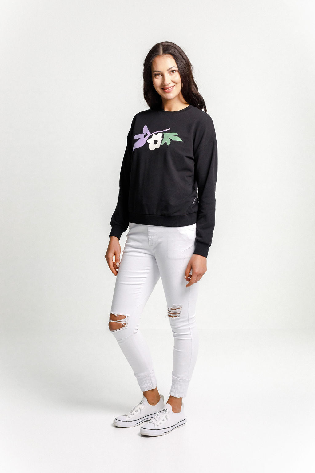 Camilla Crew - Black with Meta Floral Bouquet Print