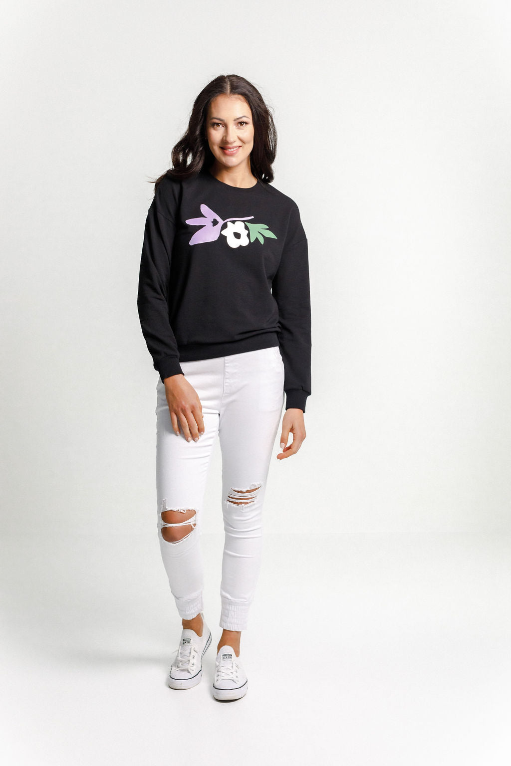 Camilla Crew - Black with Meta Floral Bouquet Print