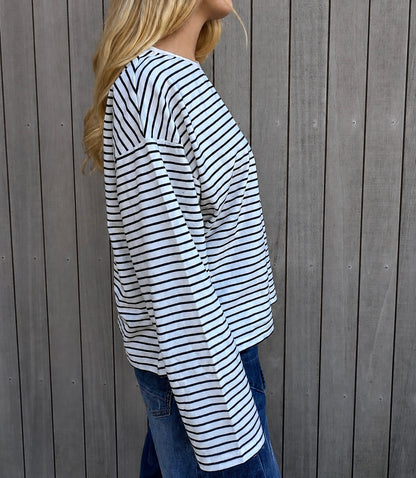 Polly Long Sleeve - White with Black Stripes