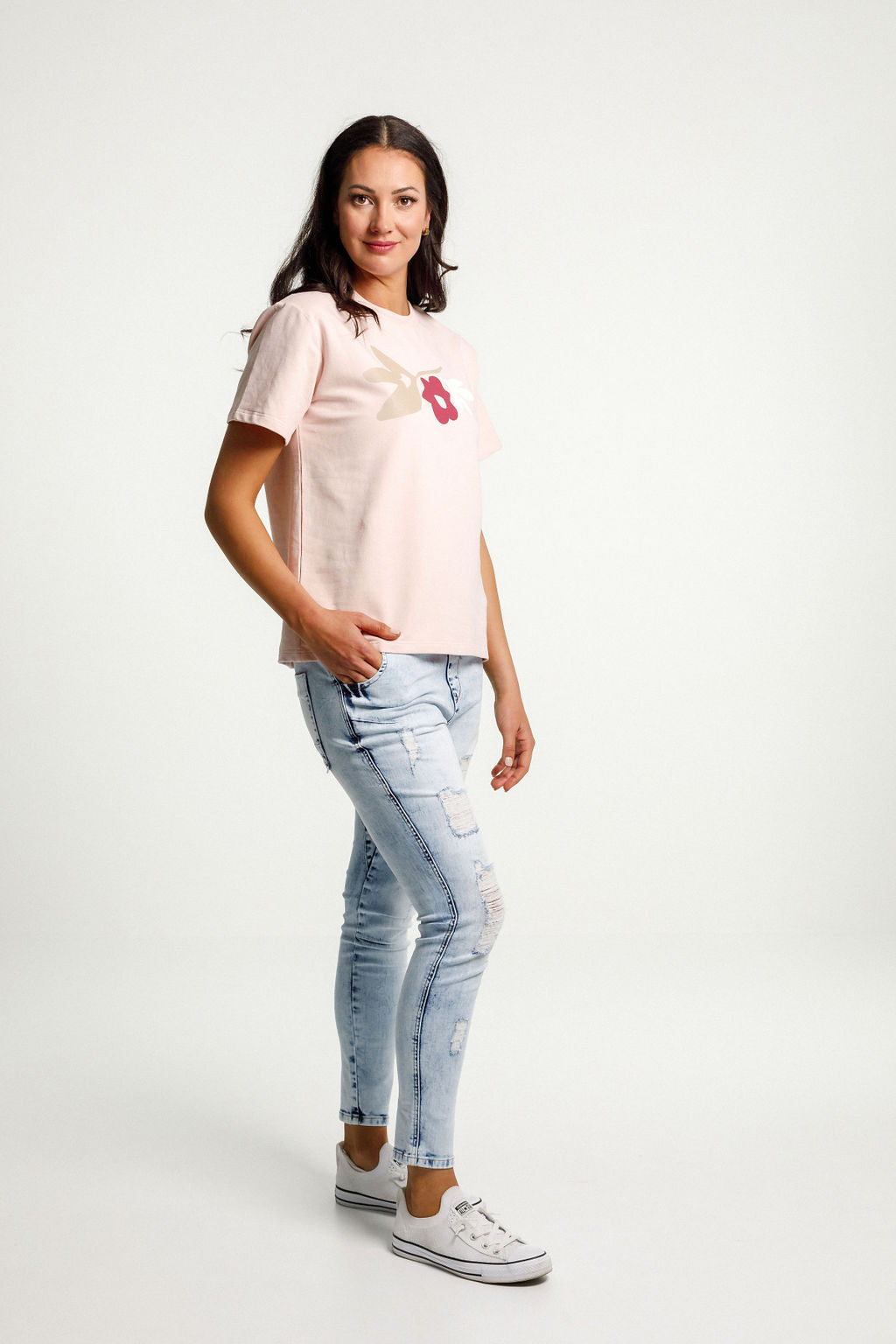 Chris Tee - Winter Weight - Sale - Peach with Meta Floral Bouquet Print