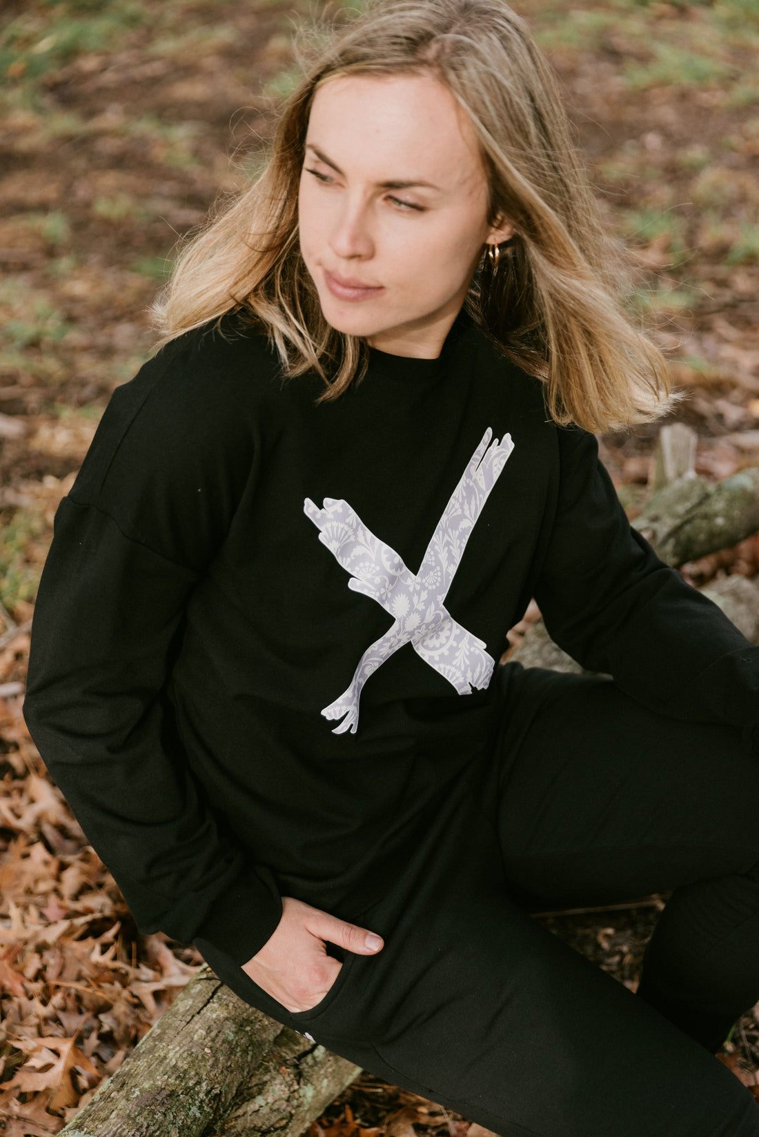 Kayla Crew - Black with Lilac Damask X