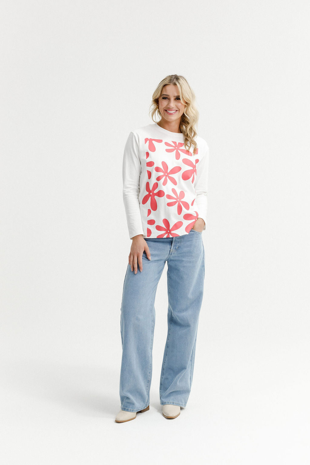 Long Sleeve Chris Tee - Coral Daisies