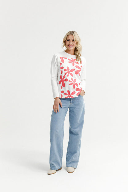 Long Sleeve Chris Tee - Coral Daisies