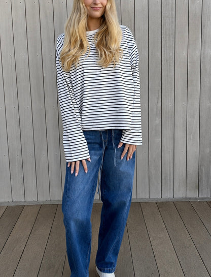 Polly Long Sleeve - White with Black Stripes