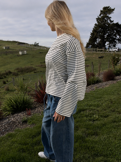 Polly Long Sleeve - White with Black Stripes