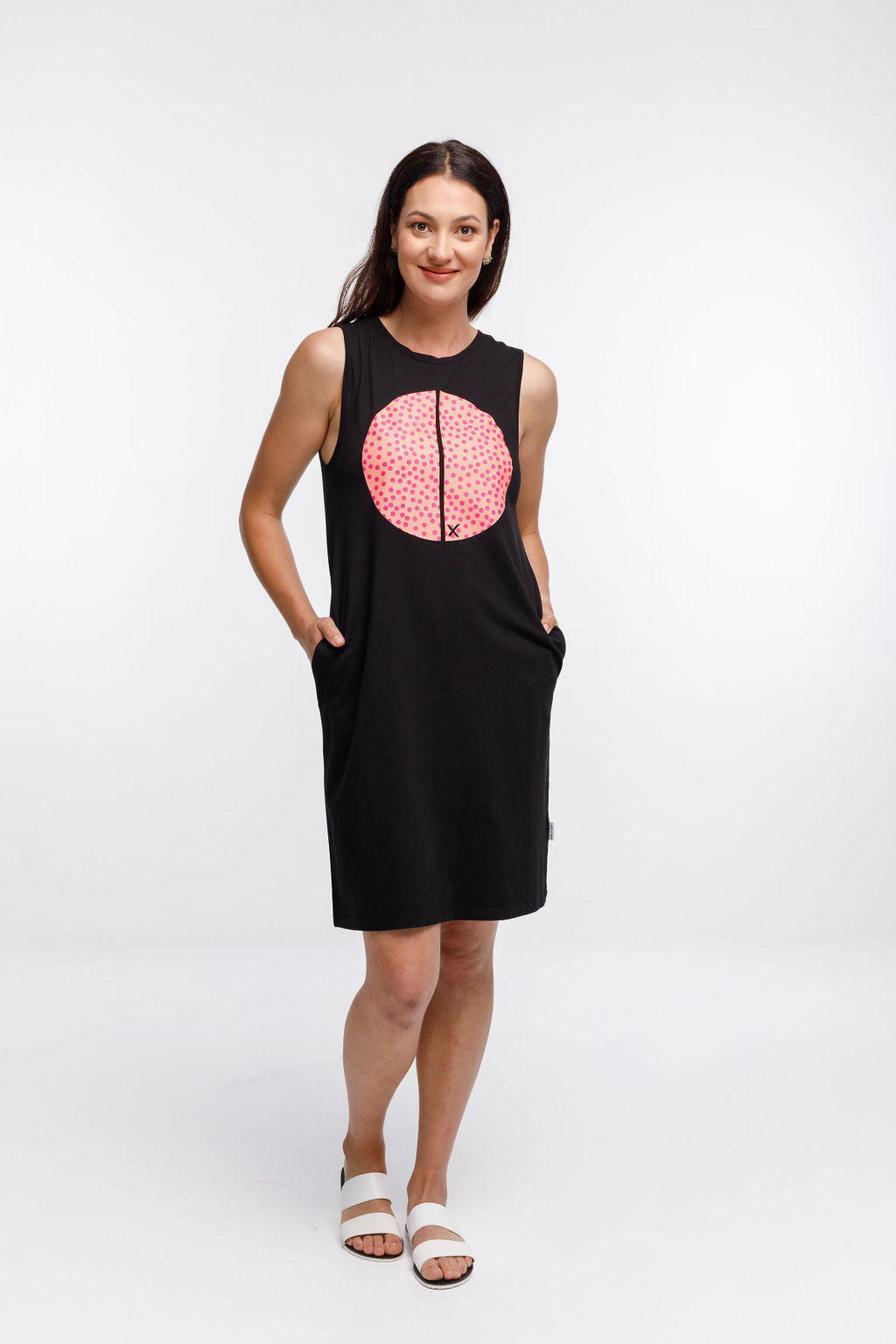 Taylor Singlet Dress - Sale - Black with Pink Yarrow Spot Placement Print