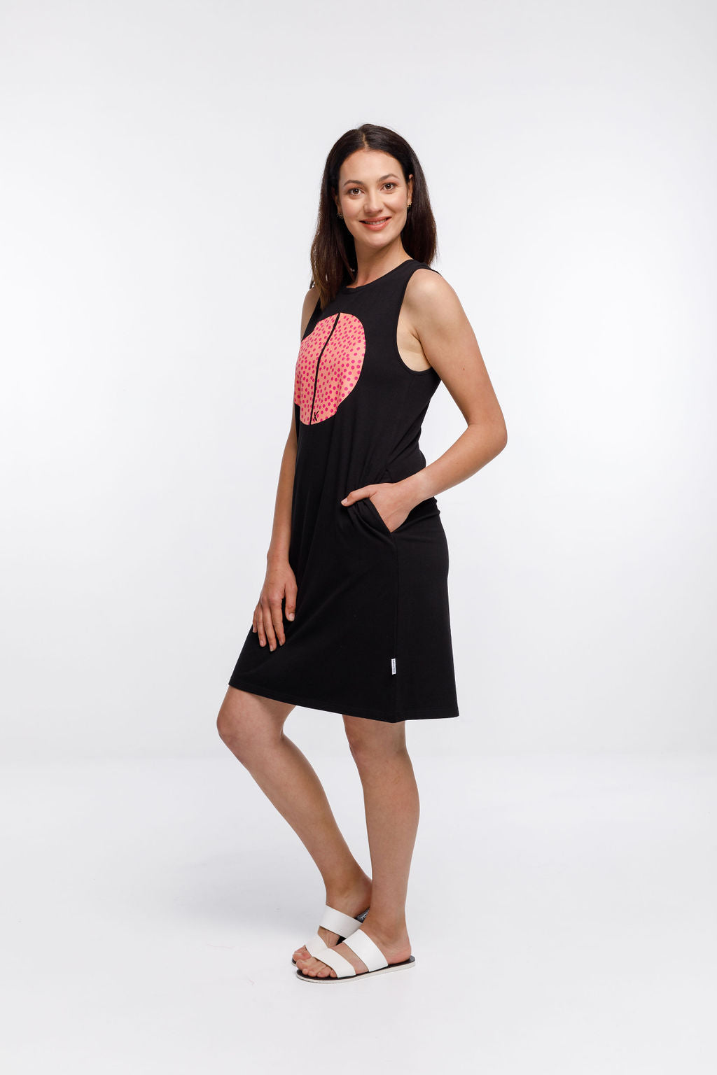 Taylor Singlet Dress - Sale - Black with Pink Yarrow Spot Placement Print