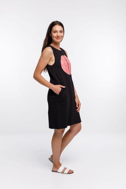 Taylor Singlet Dress - Sale - Black with Pink Yarrow Spot Placement Print