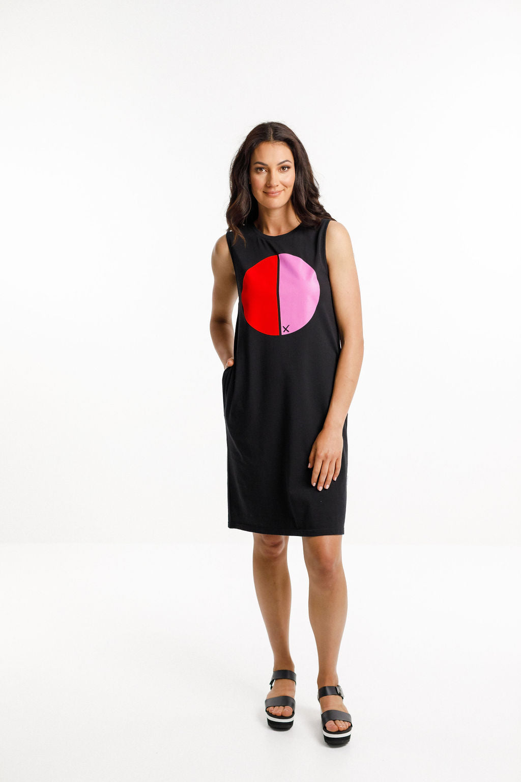 Taylor Singlet Dress - Black with Red Flocking/Lollipop Pink Cut Circle