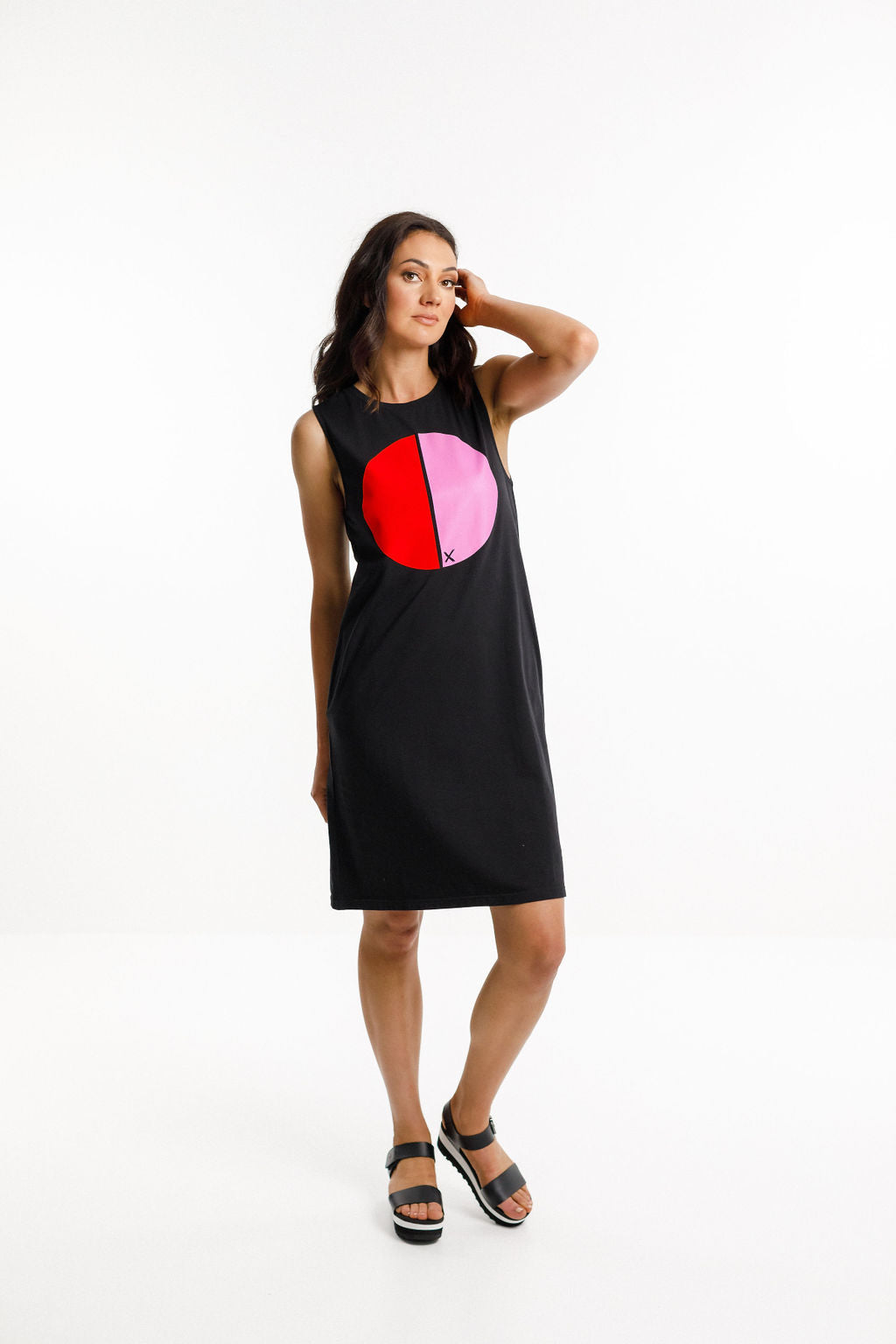 Taylor Singlet Dress - Black with Red Flocking/Lollipop Pink Cut Circle