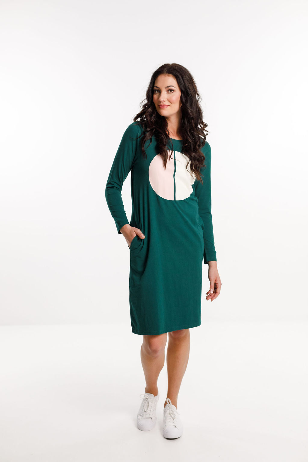 Long Sleeve Taylor Dress - Emerald Green with Cut Circle Print