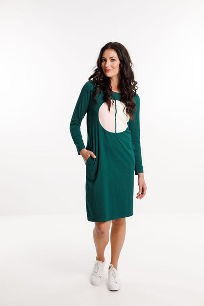 Long Sleeve Taylor Dress - Sale - Emerald Green with Cut Circle Print