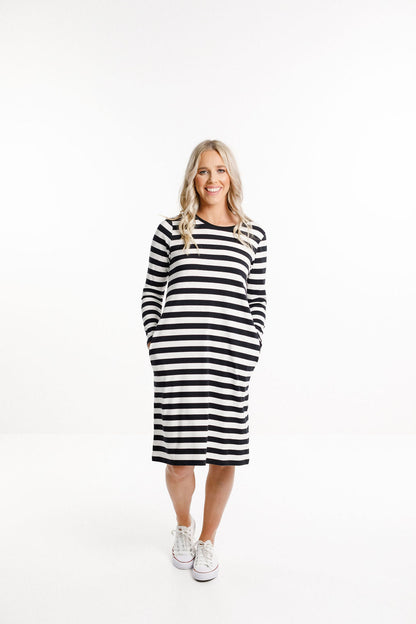 Long Sleeve Taylor Dress - Black &amp; White Stripes