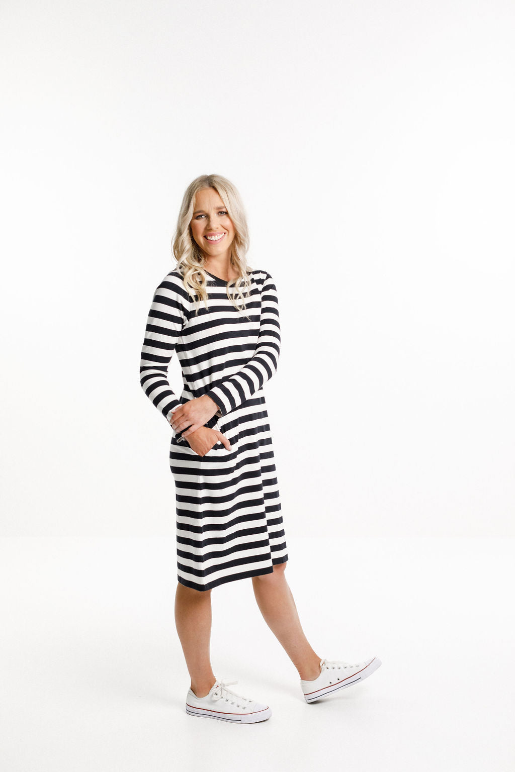 Long Sleeve Taylor Dress - Black & White Stripes