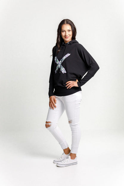 Ellen Hoodie - Winter Weight - Sale - Black with Meta Floral X