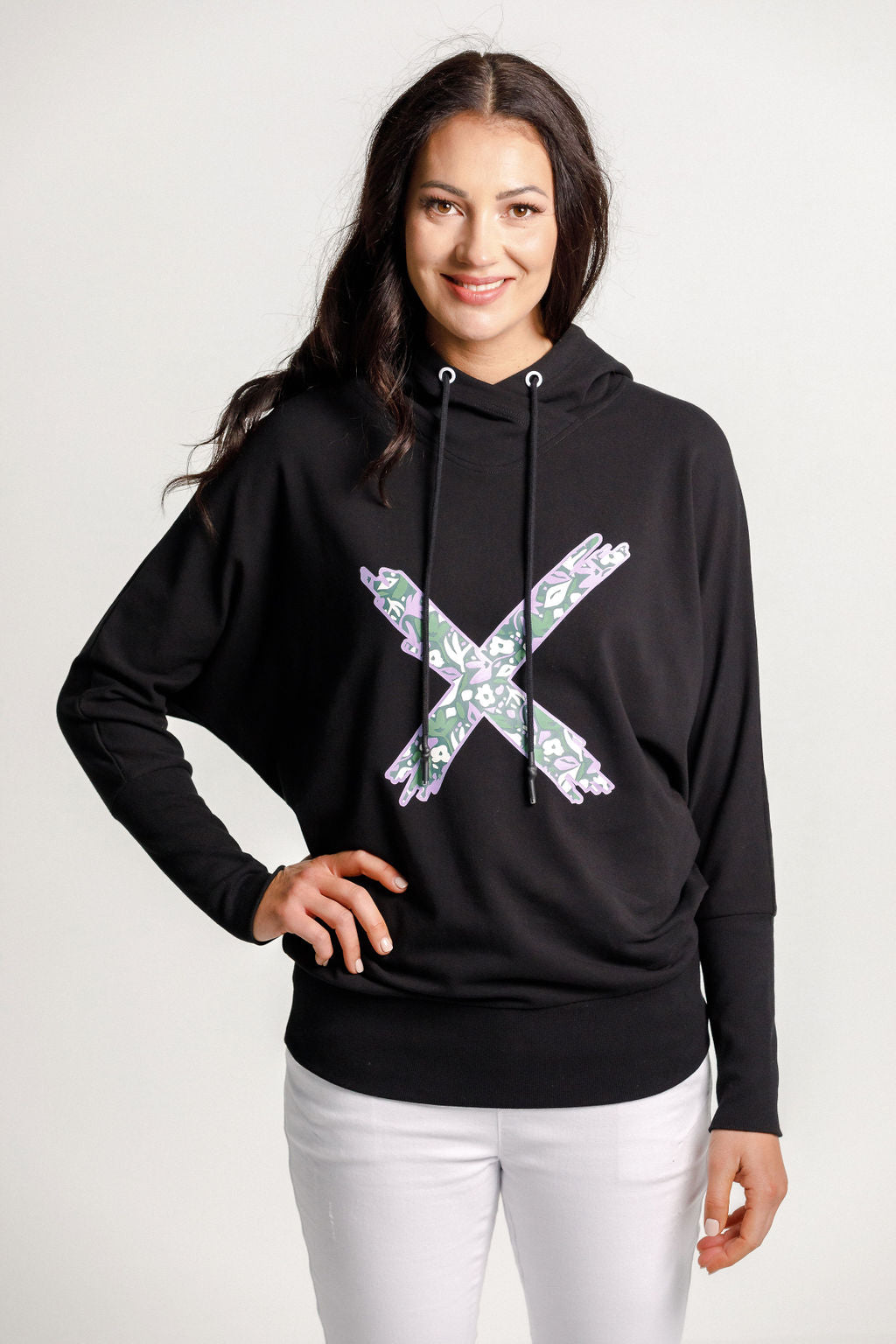 Ellen Hoodie - Winter Weight - Sale - Black with Meta Floral X