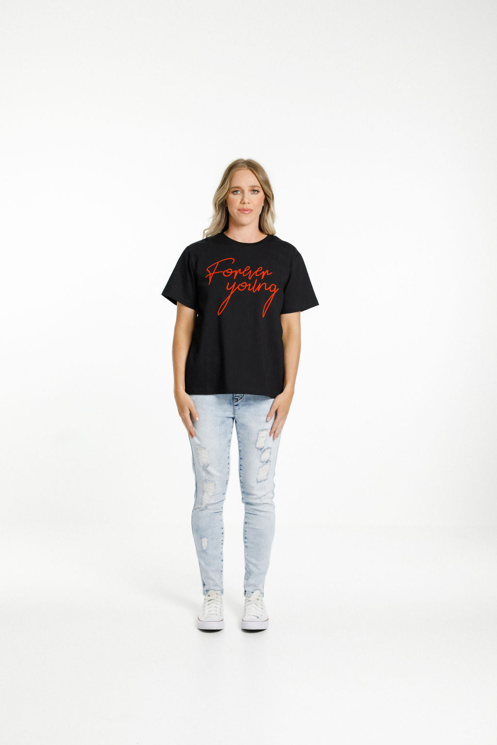 Chris Tee - Sale - Black with Chilli Red Flocked Forever Young