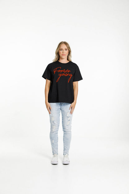 Chris Tee - Sale - Black with Chilli Red Flocked Forever Young