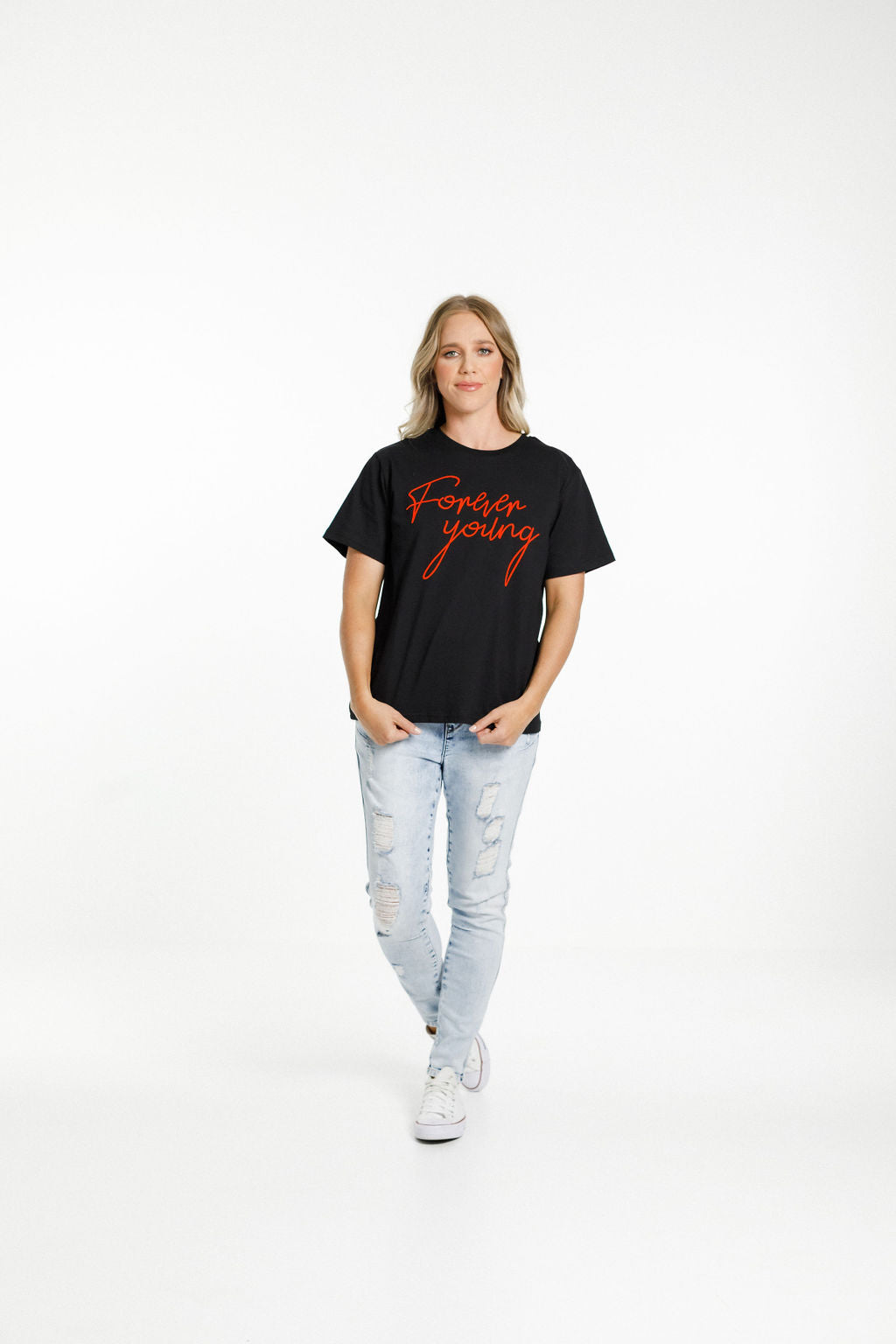 Chris Tee - Sale - Black with Chilli Red Flocked Forever Young