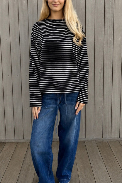 Polly Long Sleeve - Black with White Stripes