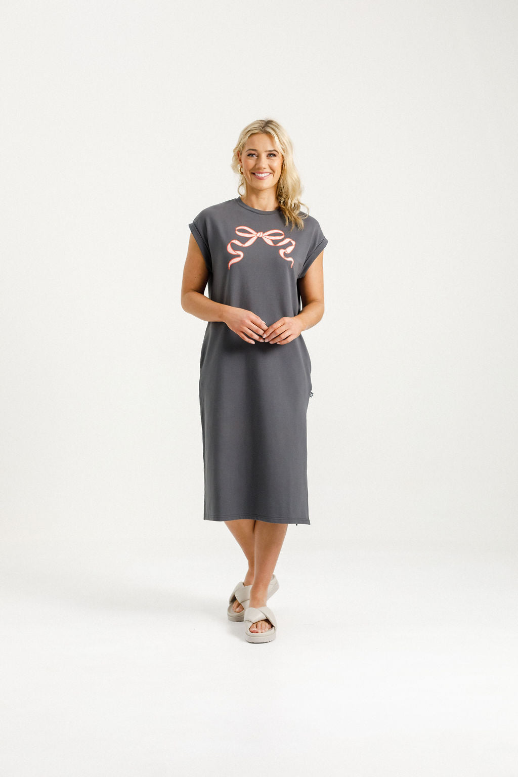 Adele Dress - Graphite with Blossom Berry Bow