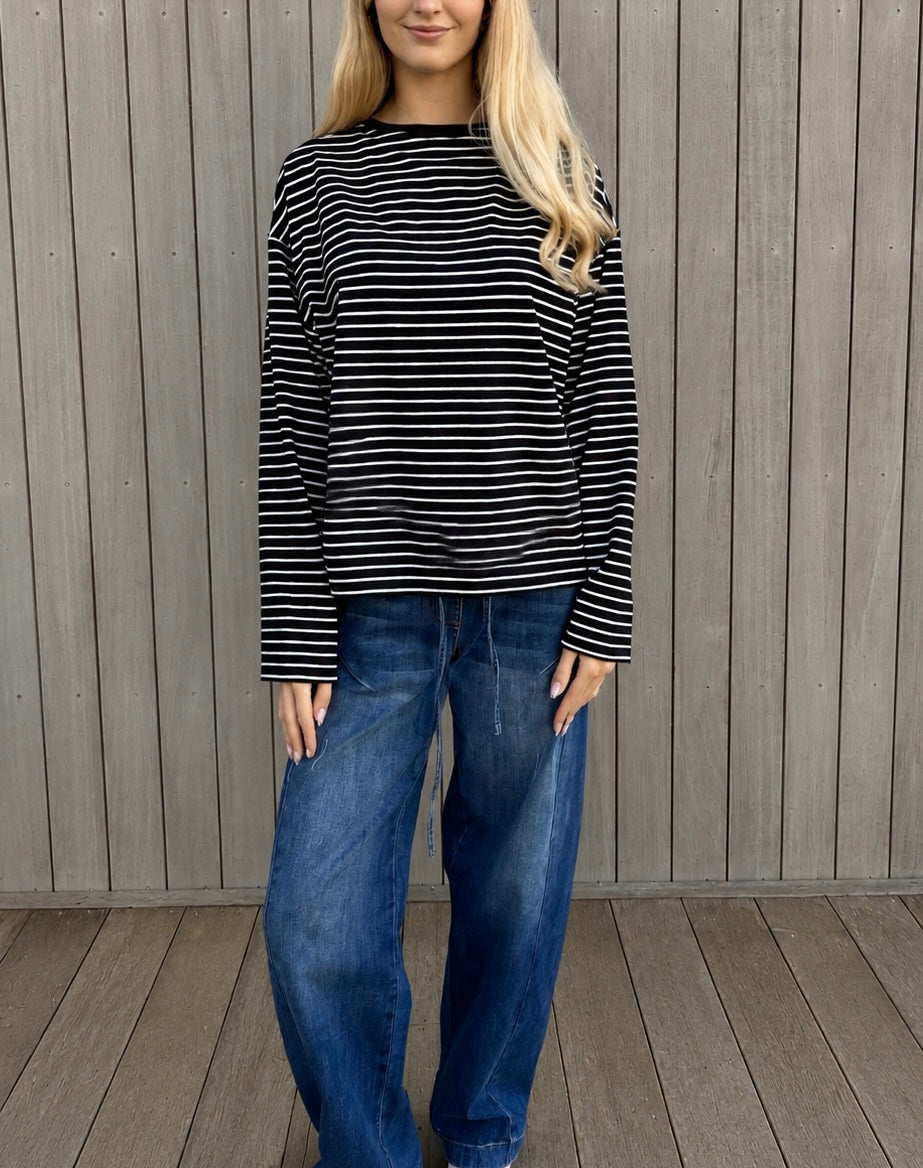 Polly Long Sleeve - Black with White Stripes