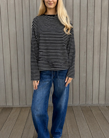 Polly Long Sleeve - Black with White Stripes