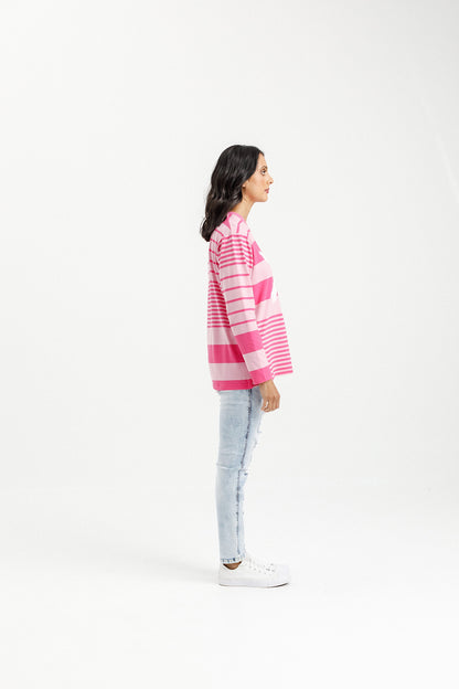 Longsleeve Chris Tee - Irregular Pink Stripe with Pastel Pink X