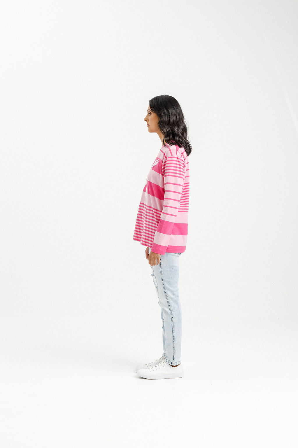 Longsleeve Chris Tee - Irregular Pink Stripe with Pastel Pink X