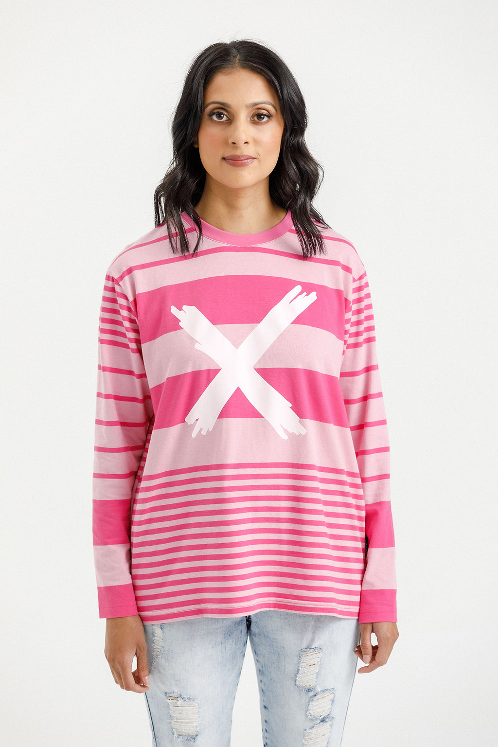 Longsleeve Chris Tee - Irregular Pink Stripe with Pastel Pink X