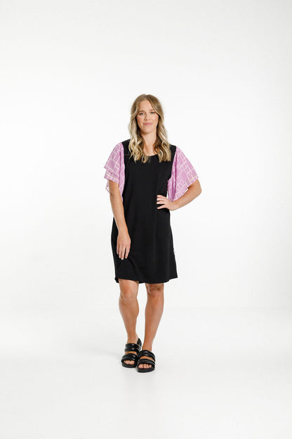 Lola Dress - Sale - Black with Pink Bloom Print Sleeves